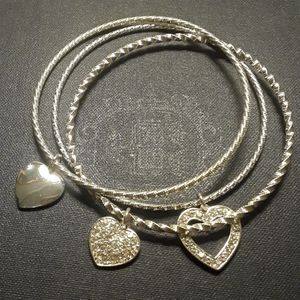 Bundle 3 For $15: Set of 3 Silver Heart Charm Bangles w/ Rhinestones